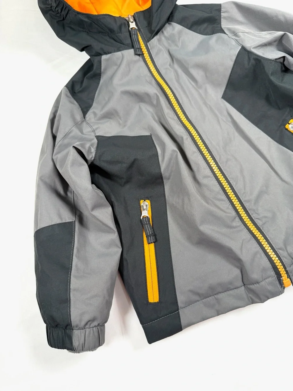 LANDS’ END Boys Hooded Insulated Colorblock Jacket Gray Black Orange Size 3T